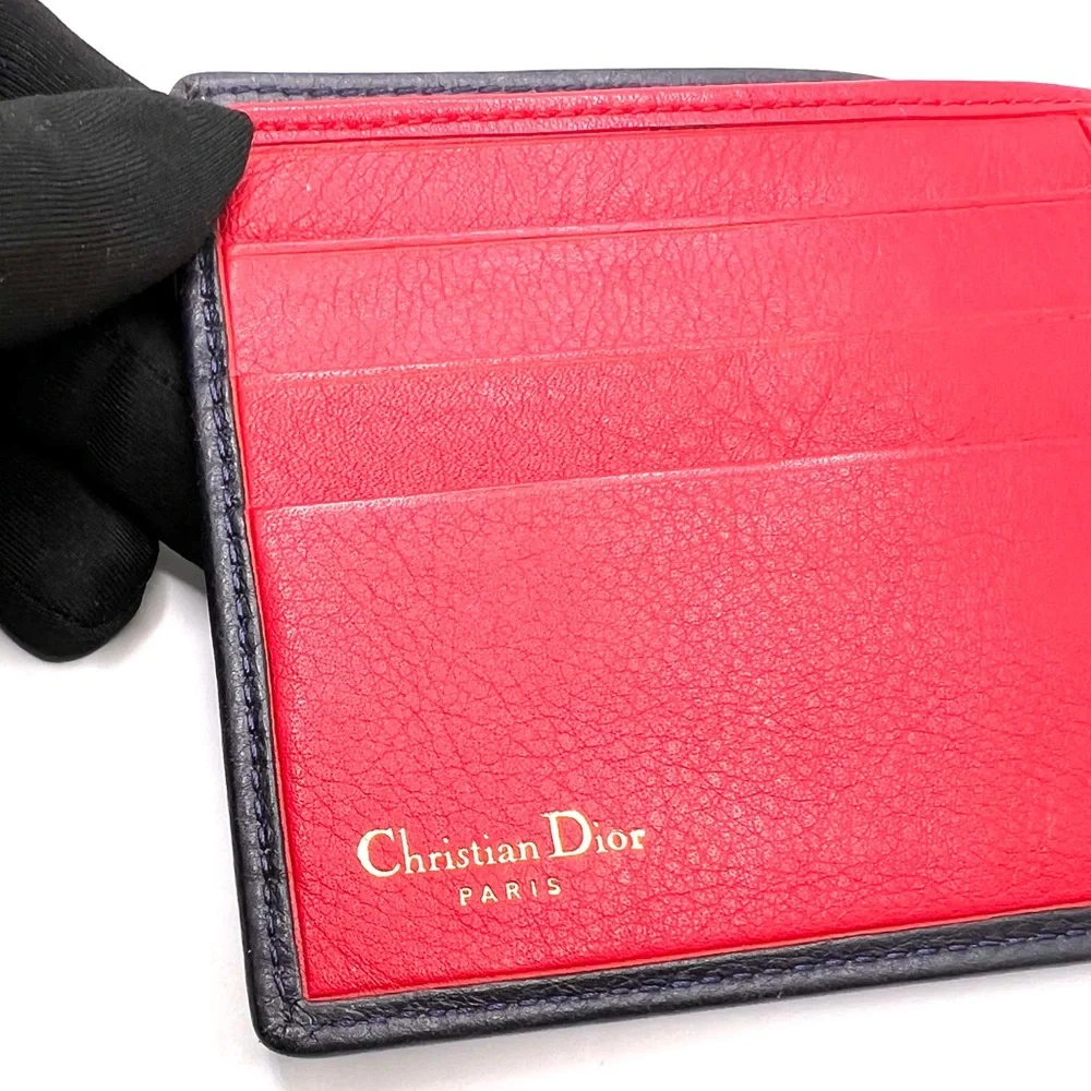 Authentic Christian Dior Dark Navy & Red CD Embossed Leather Bifold Wallet EUC